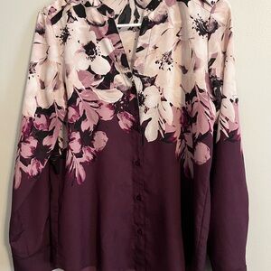 Calvin Klein Floral Women's Top - Purple and White Blouse Roll-up Tab